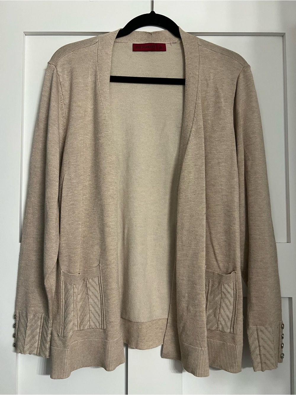 Open-Front Beige Women’s Cardigan with Pocket Detail